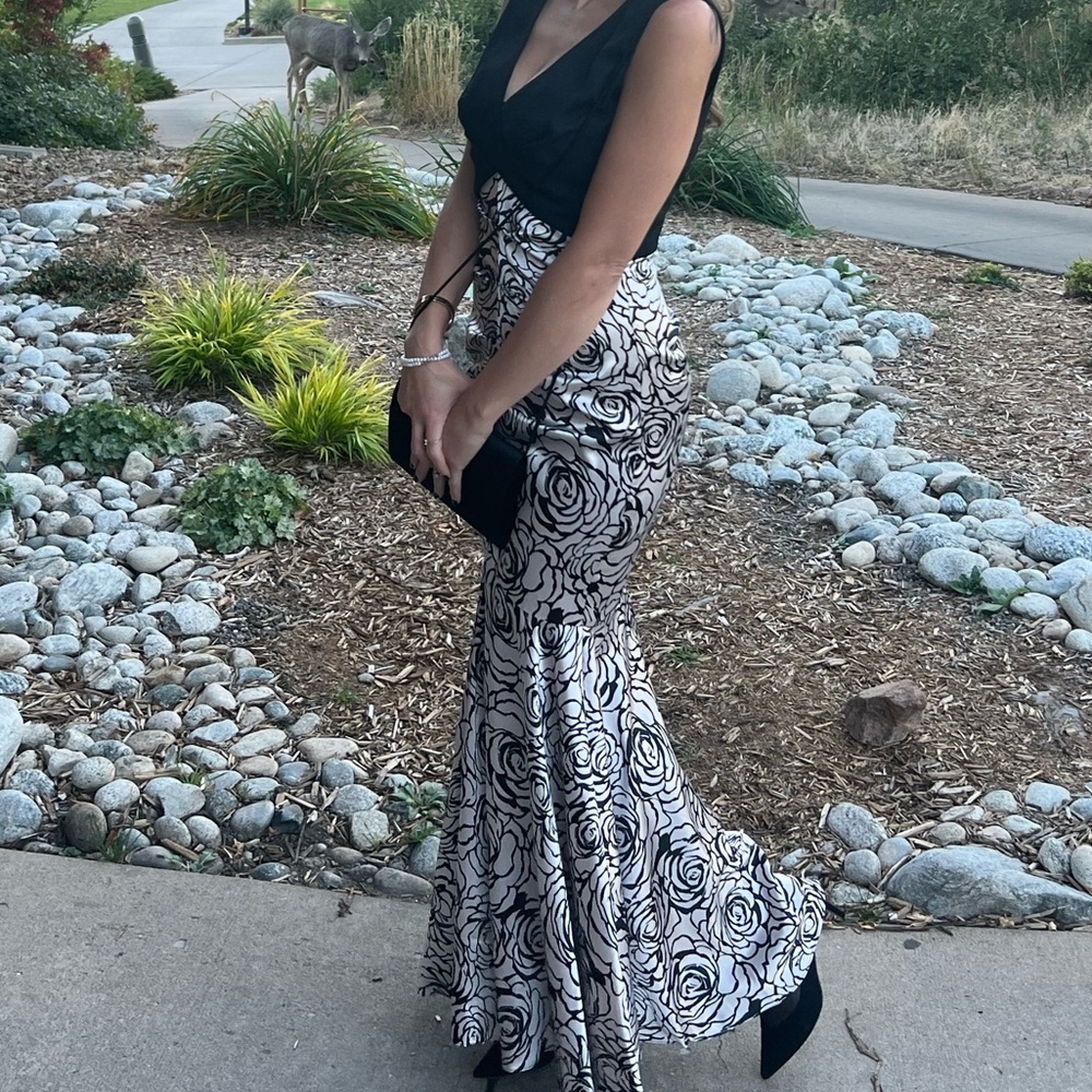 Stunning black and white, rose print, formal strapless dress